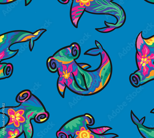 Seamless pattern with floral hammerhead sharks isolated on blue background