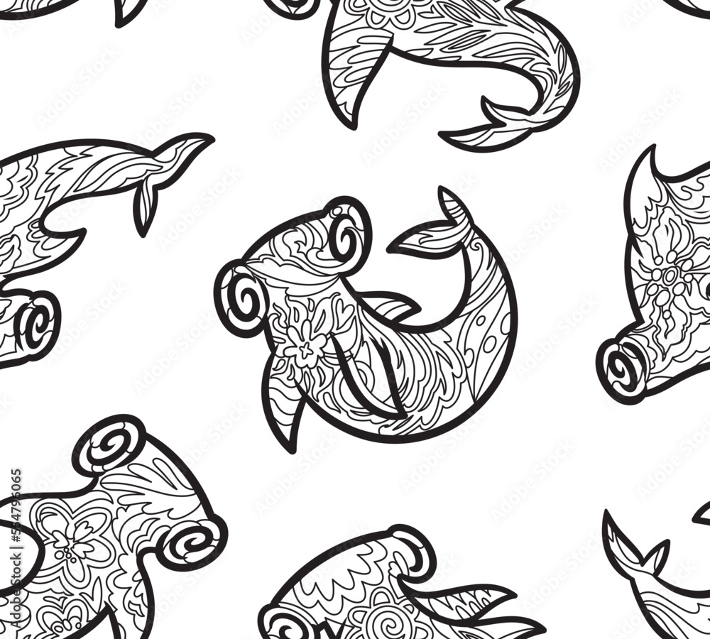 Ink floral hammerhead sharks seamless pattern. Vector illustration