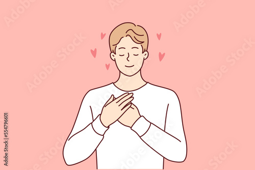 Enamored man puts hands on chest demonstrating romantic mood and closes eyes remembering girlfriend. Good-natured guy makes gesture of mercy calling to be volunteer. Flat vector illustration 