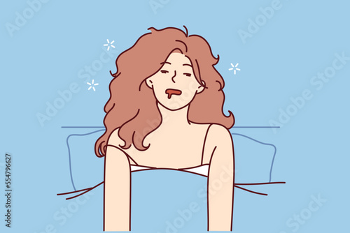 Disheveled woman in nightgown sits in bed after abrupt awakening or unpleasant dreams. Girl has problems sleeping and cannot fall asleep or is sick with sleepwalking. Flat vector illustration