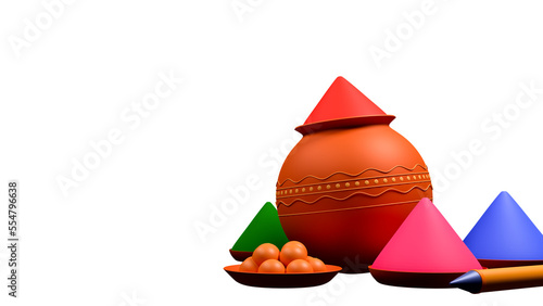 3D Render Holi Festival Elements As Colors Powder (Gulal), Water Gun (Pichkari) And Indian Sweet (Ladoo). photo