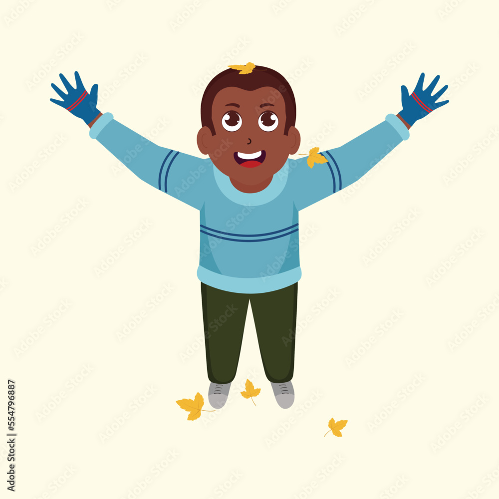 Cheerful Boy Raising Arms With Enjoy Falling Leaves On Light Yellow Background. Cheerful Boy Raising Arms With Enjoy Falling Leaves On Light Yellow Background.