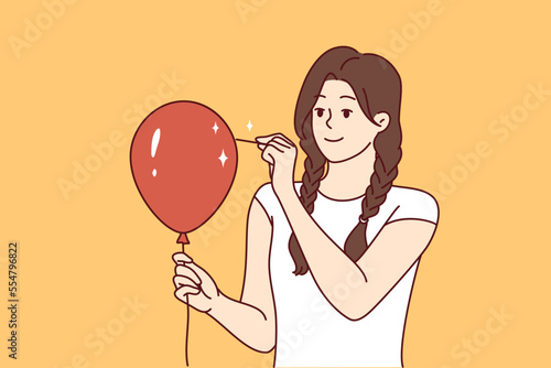 Young woman pierces balloon with needle and looks forward smiling. Teenager girl in casual clothes wanting to scare someone wants to burst red inflatable balloon. Flat vector illustration