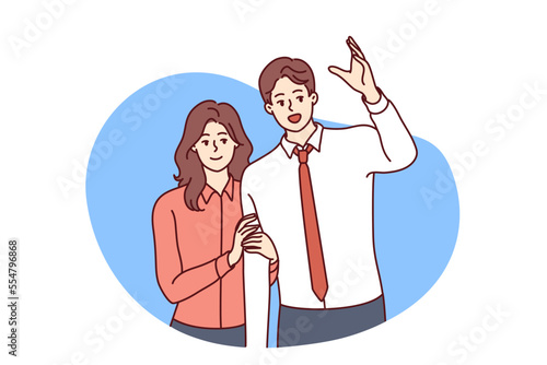 Man raising hand wanting to be noticed and modest smiling woman standing behind. Young family couple of guy in business clothes and girl dressed in casual style. Flat vector illustration