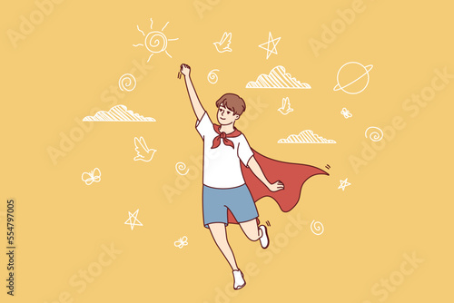 Teenager boy in superhero cape stretches hand up and represents flight to save people from crime or cataclysms. School-age guy in red cape and tie pretends to be super-human. Flat vector design 