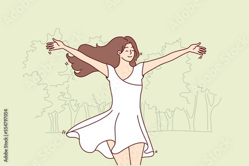 Happy woman runs through park in white flowing dress and enjoys warm summer weather. Young beautiful lady with long hair rejoices in walk and hot spring day. Flat vector illustration