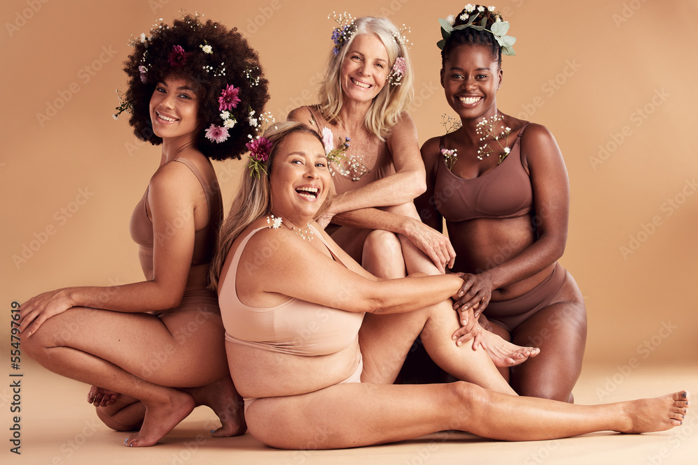 Flowers, diversity and portrait of body positive women happy with self care, creative beauty design and confidence. Group solidarity, lingerie and empowerment of floral girl friends with self love - obrazy, fototapety, plakaty 