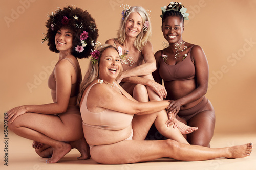 Billede på lærred Flowers, diversity and portrait of body positive women happy with self care, creative beauty design and confidence