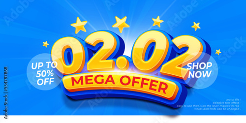 Awesome banner 02.02 mega offer with 3d style editable text number