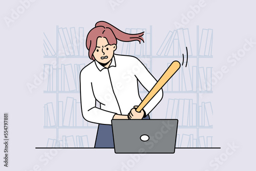 Furious female employee with bat breaking laptop overwhelmed with office job. Angry businesswoman crash computer at workplace. Burnout concept. Vector illustration. 