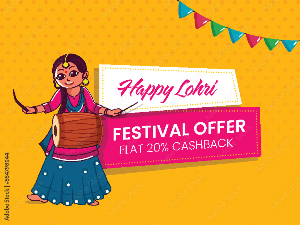 Happy Lohri Sale Label Or Tag, Sticky Layout With Punjabi Young Girl Playing Dhol (Drum) And Bunting Flags On Chrome Yellow Dotted Background.