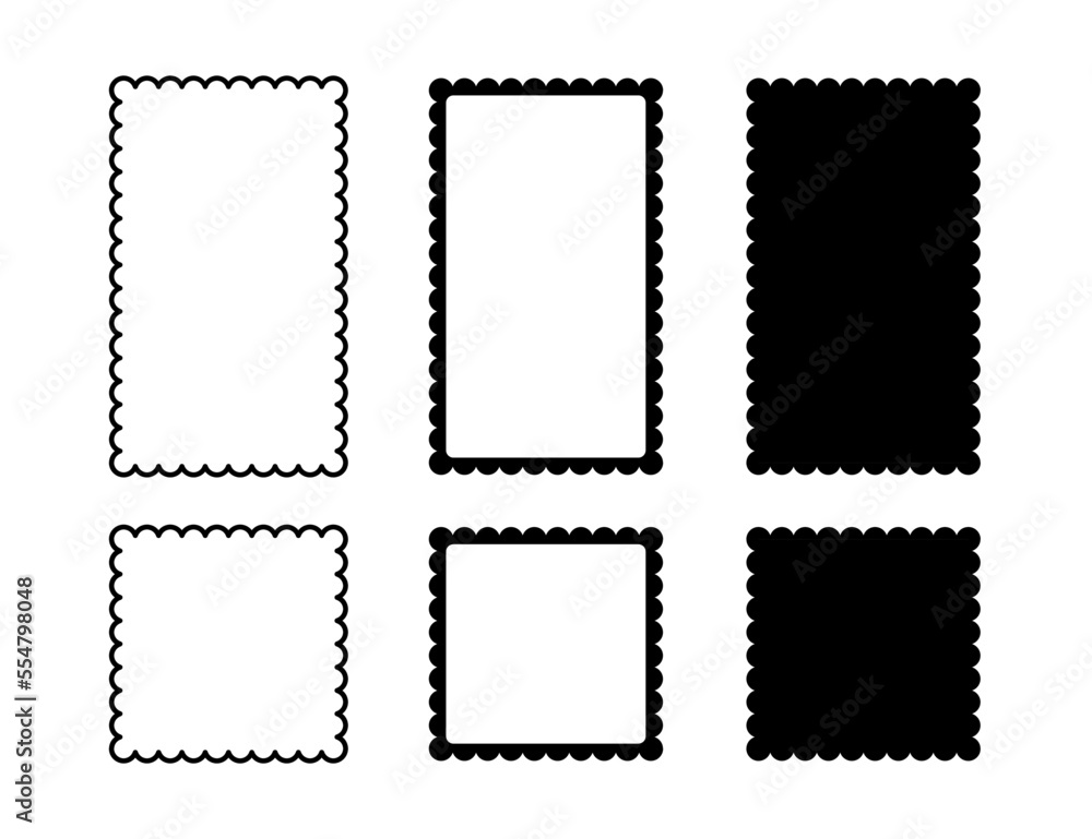 Square scalloped frame. Scalloped edge rectangle shape. Simple label and sticker form. Flower silhouette lace frame. Repeat vintage frill ornament. Vector illustration isolated on white background. Square scalloped frame. Scalloped edge rectangle shape. Simple label and sticker form. Flower silhouette lace frame. Repeat vintage frill ornament. Vector illustration isolated on white background.