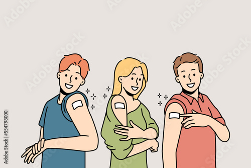 Smiling people showing bandages after vaccination. Happy men and women demonstrate band aids on arm get vaccinated. Healthcare. Vector illustration. 