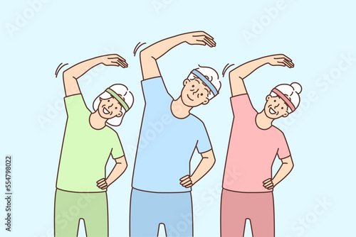 Elderly people do gymnastics together 