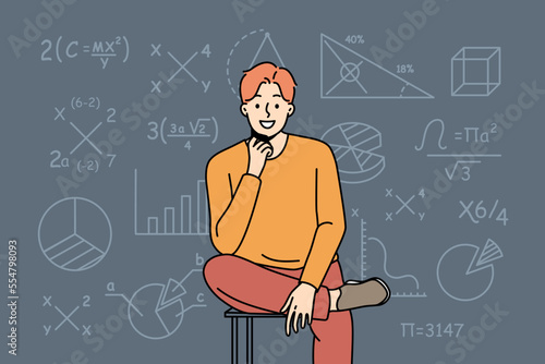 Smiling smart young man sit on chair on mathematics formula background. Successful clever male teacher or tutor near board in class. Vector illustration. 