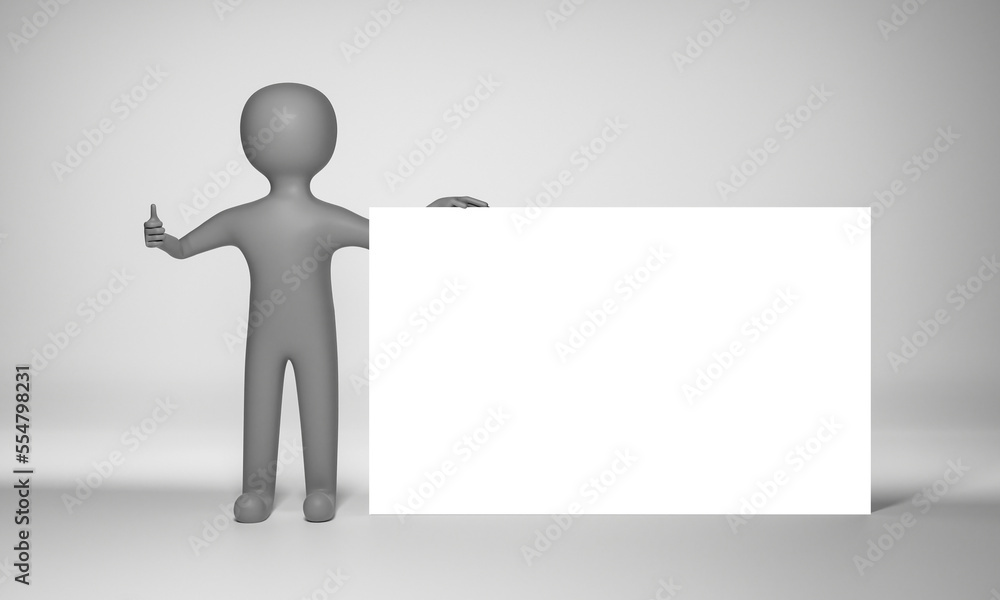 3D Render Of Human Holding Blank White Paper Or Board And Showing Thumbs Up On Gray Background. 3D Render Of Human Holding Blank White Paper Or Board And Showing Thumbs Up On Gray Background.