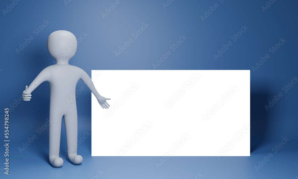 3D Render Of Clay Character As A Presenter Showing Thumbs Up And Empty White Paper OR Board On Blue Background. 3D Render Of Clay Character As A Presenter Showing Thumbs Up And Empty White Paper OR Board On Blue Background.