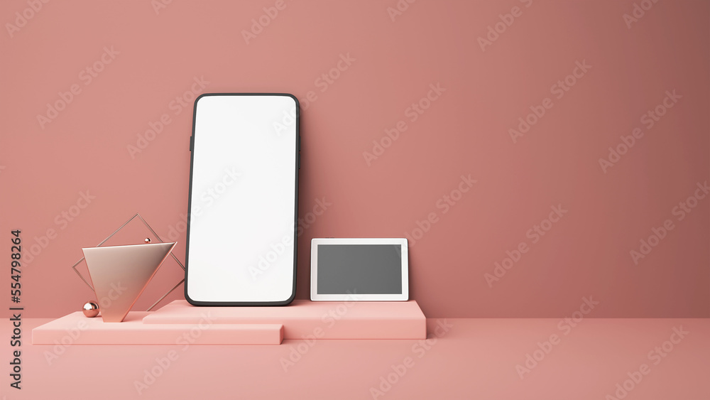 3D Render Of Blank Smartphone With Tablet Mockup And Geometric Frame Over Podium Pastel Peach Background. 3D Render Of Blank Smartphone With Tablet Mockup And Geometric Frame Over Podium Pastel Peach Background.