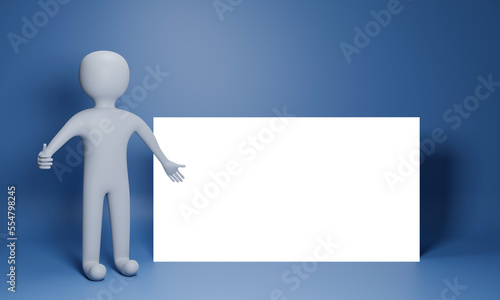 3D Render Of Clay Character As A Presenter Showing Thumbs Up And Empty White Paper OR Board On Blue Background.