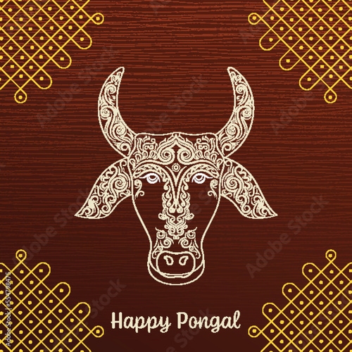Happy Pongal Celebration Concept With Zentangle Bull Face And Corner Kolam On Burnt Umber Wood Texture Background.