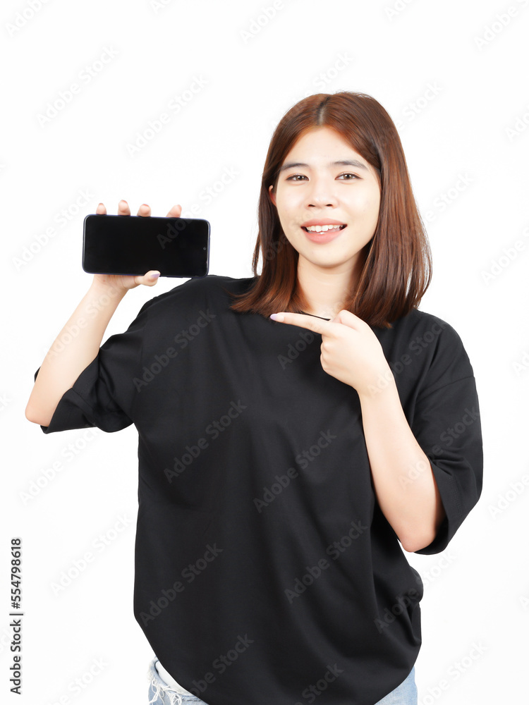 Showing Apps or Ads On Blank Screen Smartphone Of Beautiful Asian Woman Isolated On White Background Showing Apps or Ads On Blank Screen Smartphone Of Beautiful Asian Woman Isolated On White Background