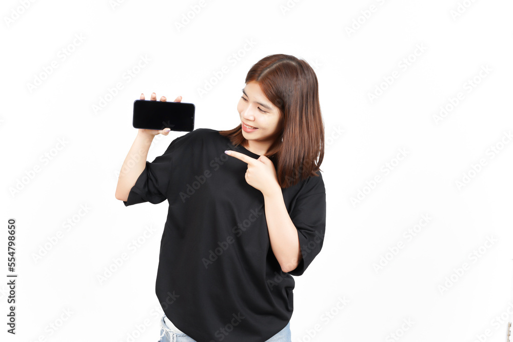 Showing Apps or Ads On Blank Screen Smartphone Of Beautiful Asian Woman Isolated On White Background Showing Apps or Ads On Blank Screen Smartphone Of Beautiful Asian Woman Isolated On White Background