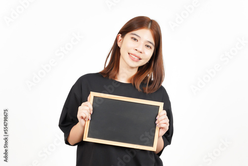 Showing, Presenting and holding Blank Blackboard Of Beautiful Asian Woman Isolated On White © Sino Images Studio