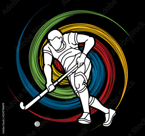Field Hockey Sport Male Player Action Cartoon Outline Graphic Vector