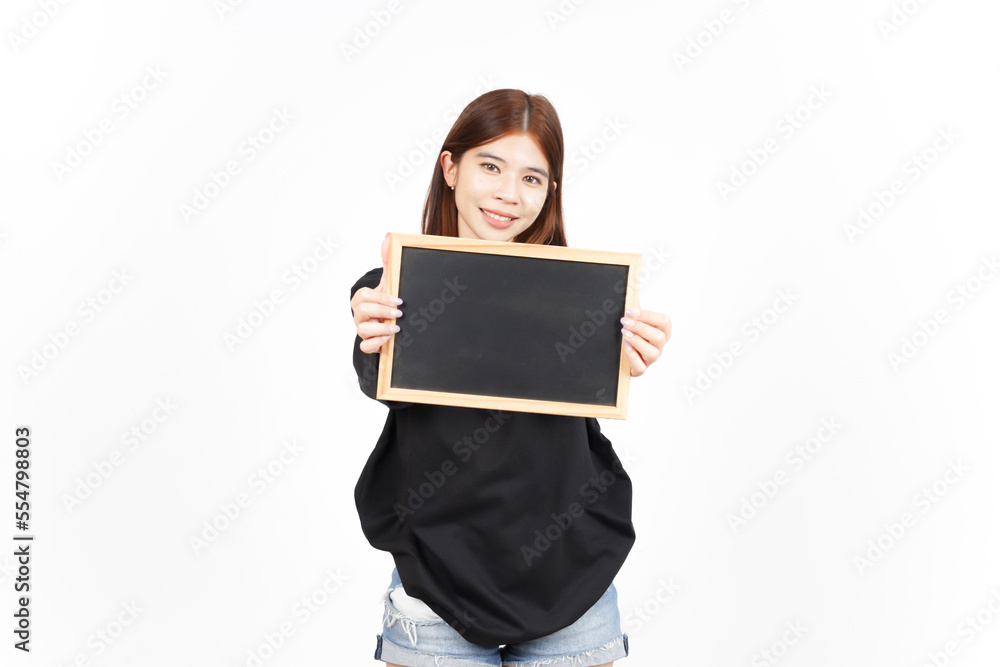 Showing, Presenting and holding Blank Blackboard Of Beautiful Asian Woman Isolated On White Showing, Presenting and holding Blank Blackboard Of Beautiful Asian Woman Isolated On White