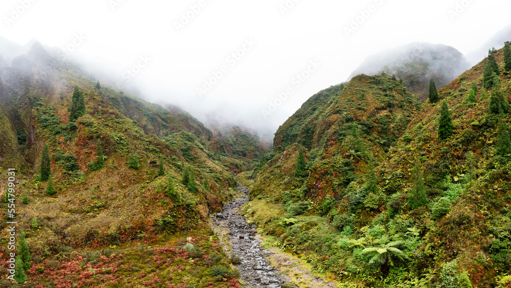 Drohnenaufnahme,Wanderer im nebelverhangenen wildromantischen Tal Vale das Lombadas,Serra de Aqua de Pau,Insel Sao Miguel,Azoren,Portugal,