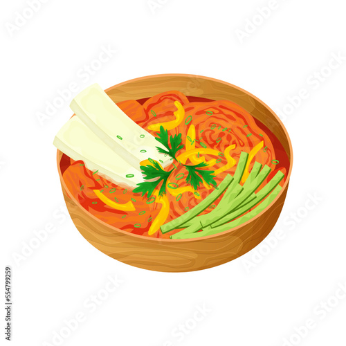 Food illustration, kimchi with vegetables, cucumber, sweet peppers, tofu slices and greens. Korean food, healthy eating, cooking, menu. Vector illustration
