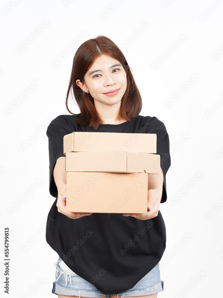 Holding Package Box or Cardboard Box Of Beautiful Asian Woman Isolated On White Background Holding Package Box or Cardboard Box Of Beautiful Asian Woman Isolated On White Background