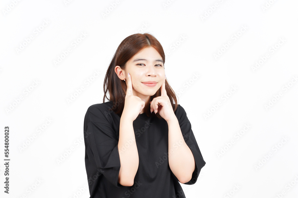 Smiling touch cheek and looking at camera Of Beautiful Asian Woman Isolated On White Background Smiling touch cheek and looking at camera Of Beautiful Asian Woman Isolated On White Background