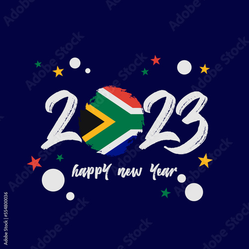 Happy New 2023 Year with flag of South Africa. Suitable for greeting card poster and banner