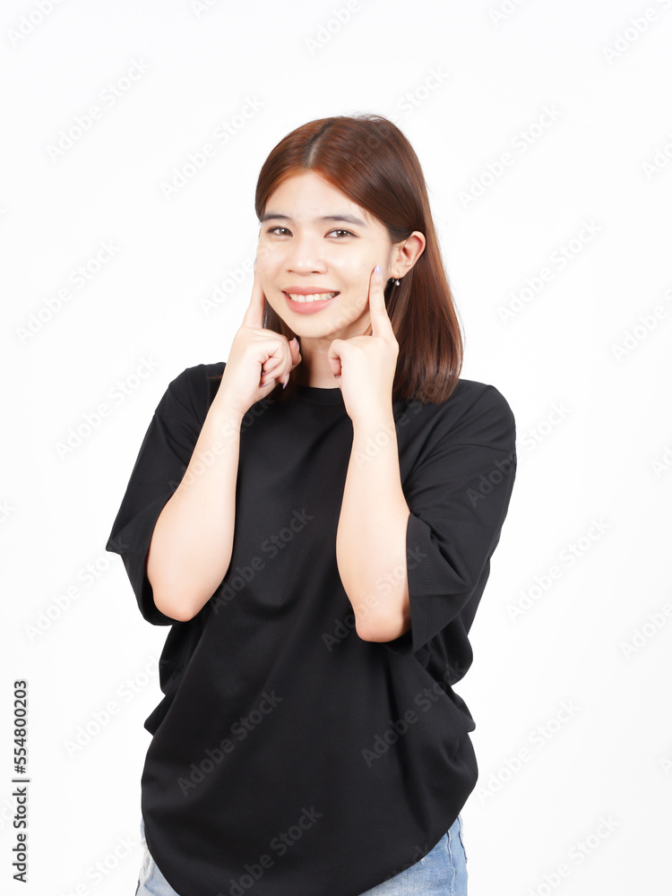 Smiling touch cheek and looking at camera Of Beautiful Asian Woman Isolated On White Background Smiling touch cheek and looking at camera Of Beautiful Asian Woman Isolated On White Background