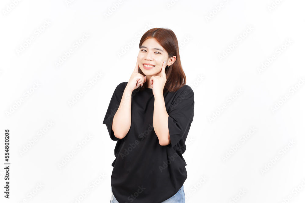 Smiling touch cheek and looking at camera Of Beautiful Asian Woman Isolated On White Background Smiling touch cheek and looking at camera Of Beautiful Asian Woman Isolated On White Background