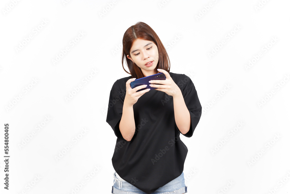 Playing Mobile Game on Smartphone Of Beautiful Asian Woman Isolated On White Background Playing Mobile Game on Smartphone Of Beautiful Asian Woman Isolated On White Background