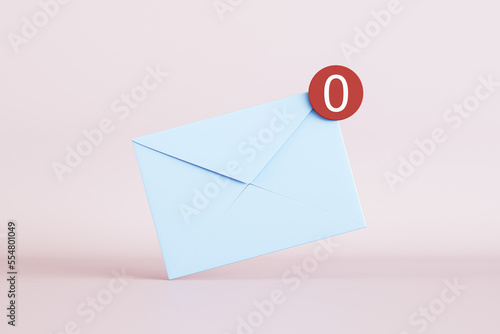 No messages or notification concept with front view on white email paper envelope with white zero in red circle on the corner on light pink background. 3D rendering