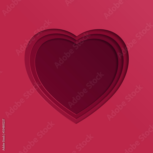 3D gradient background. Red paper cut out heart shape pattern in layers. Trend color of the year 2023, viva magenta. Design element for card, banner, poster, backdrop, wall. Vector illustration.