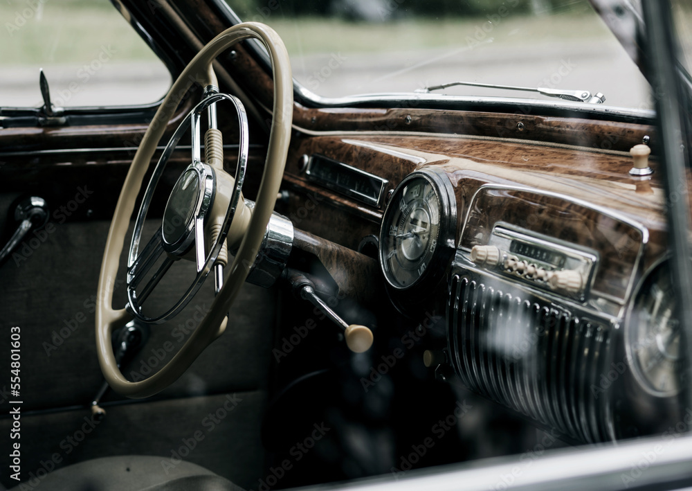 Steering wheel of a classic automobile.