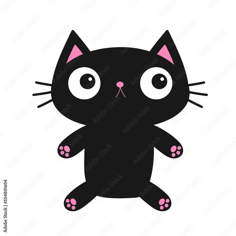 Black cat kitten sitting toy. Pink paw print. Cute cartoon baby character. Funny face head silhouette. Happy Halloween. Meow. Kawaii animal. Pet collection. Flat design. White background. Black cat kitten sitting toy. Pink paw print. Cute cartoon baby character. Funny face head silhouette. Happy Halloween. Meow. Kawaii animal. Pet collection. Flat design. White background.