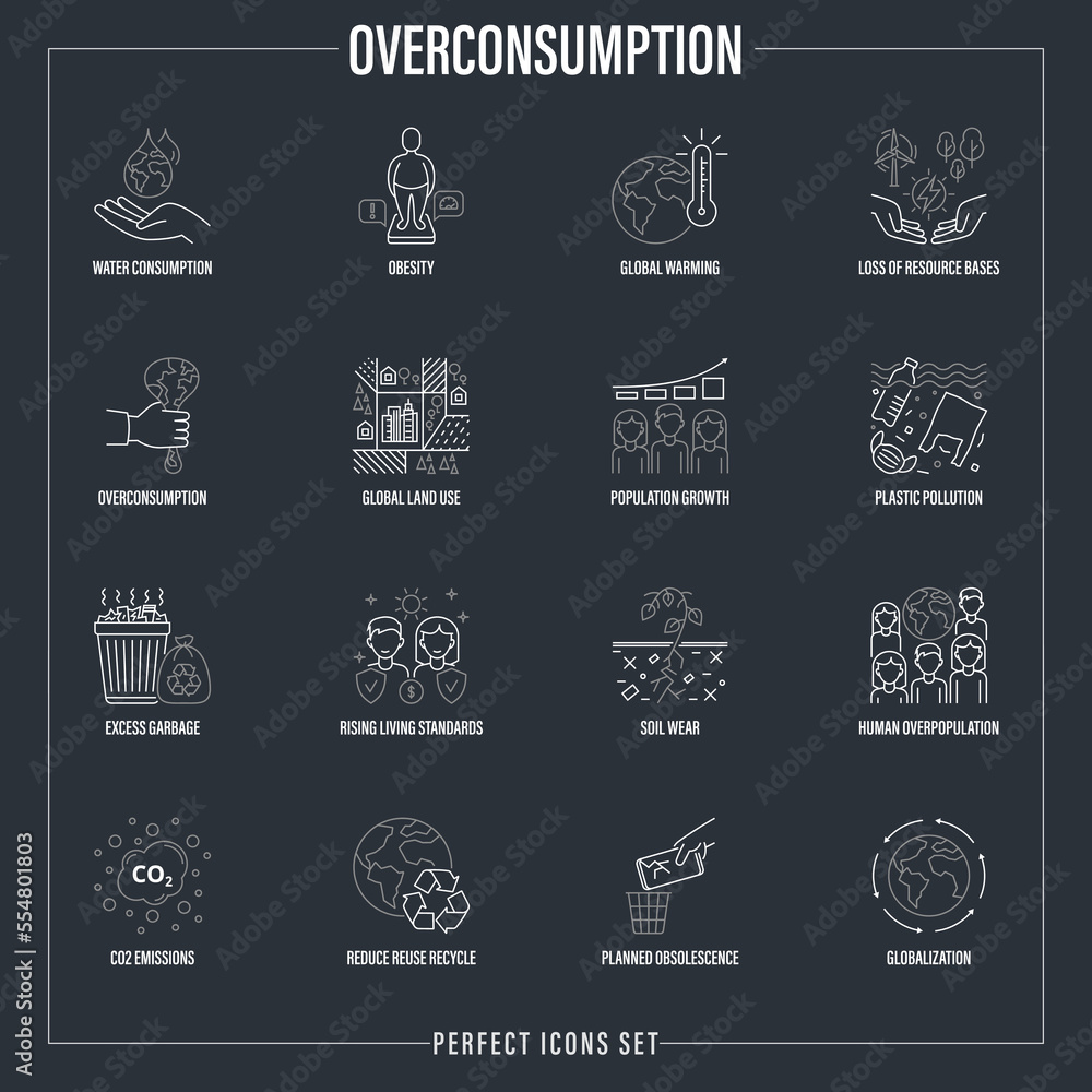 Overconsumption thin line icons set. Plastic pollution, population growth, obesity, global warming, excess garbage, planned obsolescene, CO2 emission, reduce, reuse, recycle. Vector illustration. Overconsumption thin line icons set. Plastic pollution, population growth, obesity, global warming, excess garbage, planned obsolescene, CO2 emission, reduce, reuse, recycle. Vector illustration.