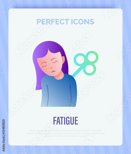 Fatigue, tiredness, apathy gradient flat icon. Tired girl with clockwork on the back. Post-covid syndrome. Vector illustration.