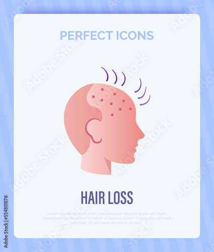Hair loss. Bald place on men scalp. Alopecia thin line icon. Vector illustration.