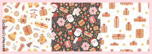 Seamless pattern for New Year and Christmas. Cute hand-drawn illustration with holiday mood. Cozy winter elements like gifts, stars and Santa.