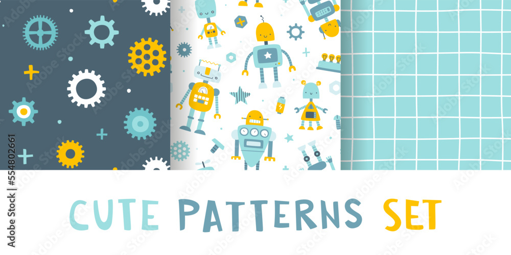 Cute scandinavian robot pattern set. Seamless vector prints collection for baby boys textile and apparel.