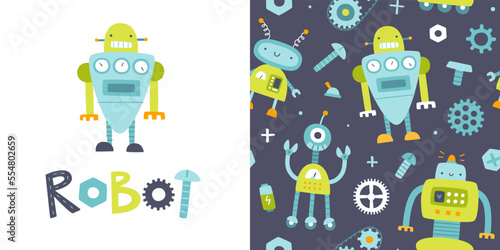 Cute pattern with silly robots for kids. Funny seamless vector print set for baby textile and apparel.