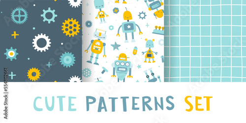 Cute scandinavian robot pattern set. Seamless vector prints collection for baby boys textile and apparel.