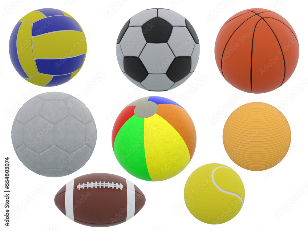 3D Render collection of sport ball mockup including football, soccer