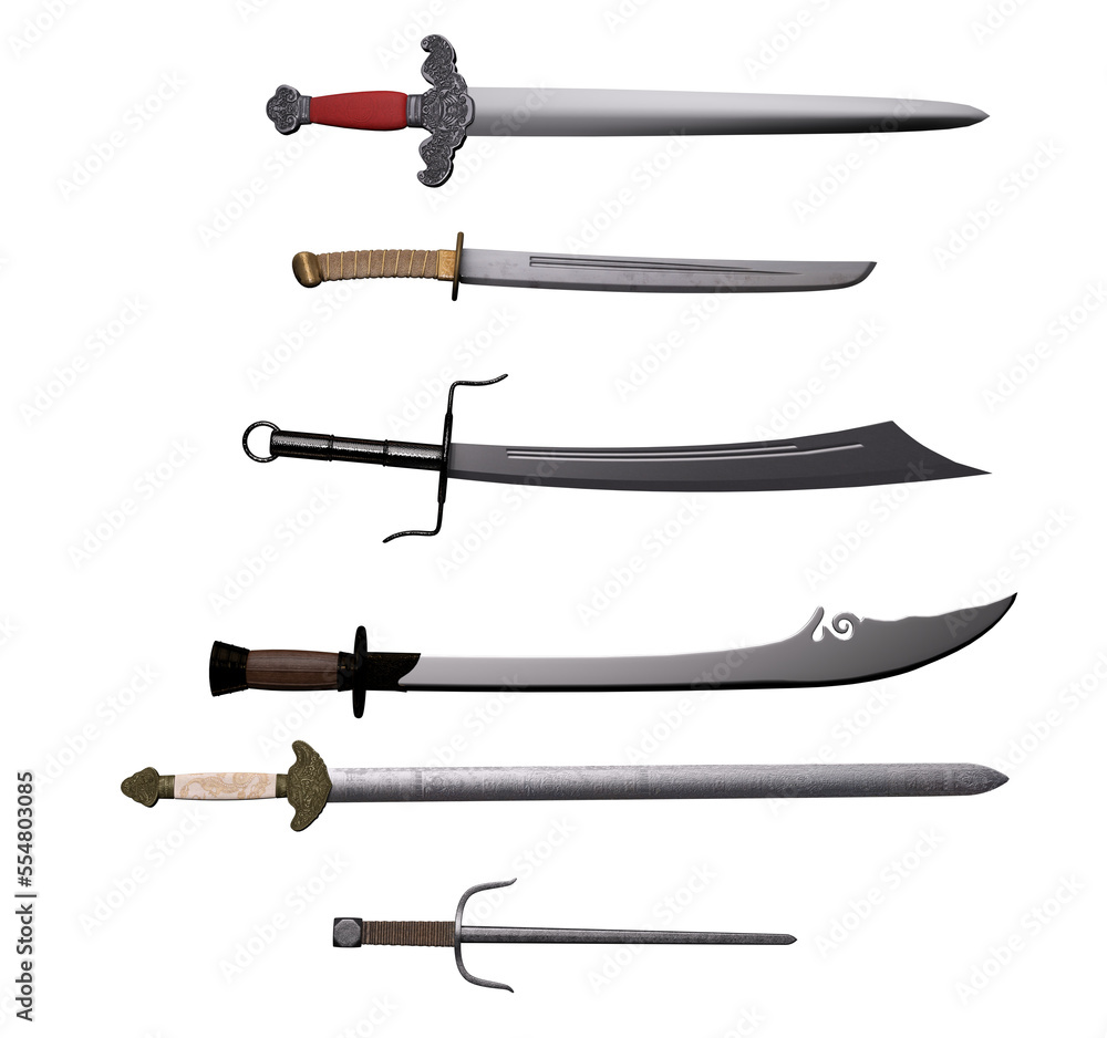 3D Render Set of Chinese saber, blade, sai and sword, traditional